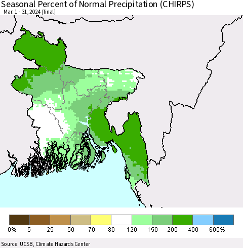 Bangladesh Seasonal Percent of Normal Precipitation (CHIRPS) Thematic Map For 3/1/2024 - 3/31/2024