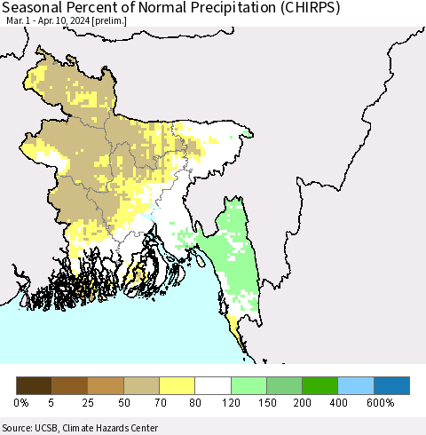 Bangladesh Seasonal Percent of Normal Precipitation (CHIRPS) Thematic Map For 3/1/2024 - 4/10/2024