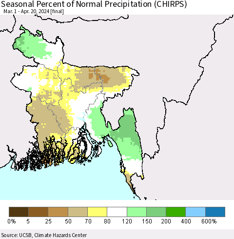 Bangladesh Seasonal Percent of Normal Precipitation (CHIRPS) Thematic Map For 3/1/2024 - 4/20/2024