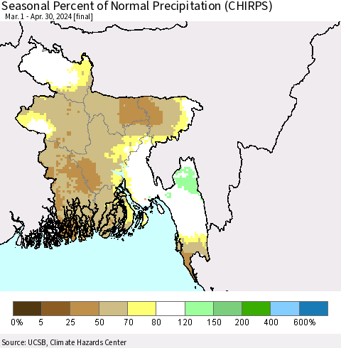 Bangladesh Seasonal Percent of Normal Precipitation (CHIRPS) Thematic Map For 3/1/2024 - 4/30/2024