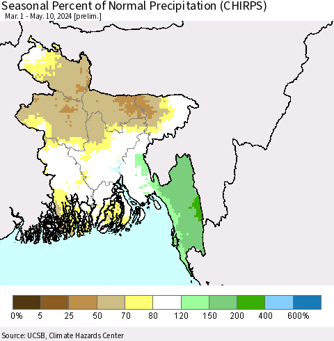 Bangladesh Seasonal Percent of Normal Precipitation (CHIRPS) Thematic Map For 3/1/2024 - 5/10/2024