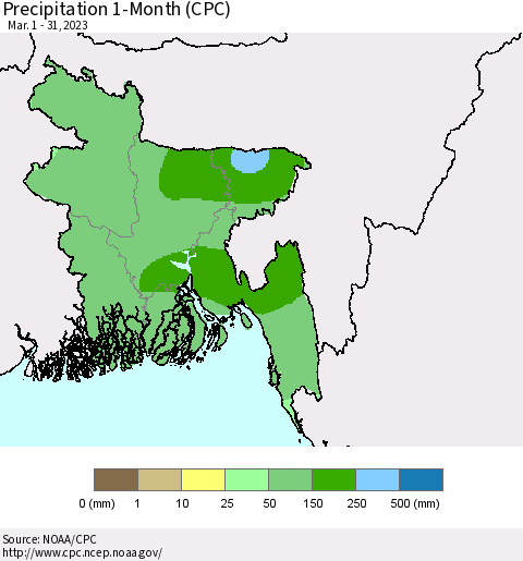 Bangladesh Precipitation 1-Month (CPC) Thematic Map For 3/1/2023 - 3/31/2023