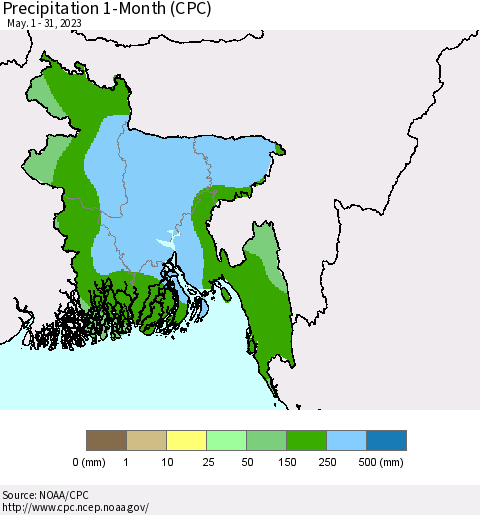 Bangladesh Precipitation 1-Month (CPC) Thematic Map For 5/1/2023 - 5/31/2023