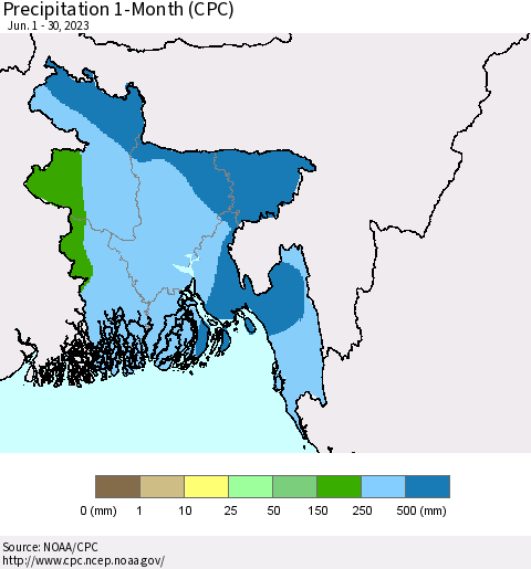 Bangladesh Precipitation 1-Month (CPC) Thematic Map For 6/1/2023 - 6/30/2023