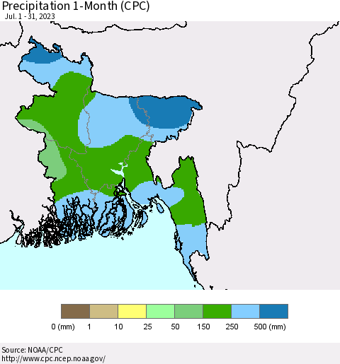 Bangladesh Precipitation 1-Month (CPC) Thematic Map For 7/1/2023 - 7/31/2023