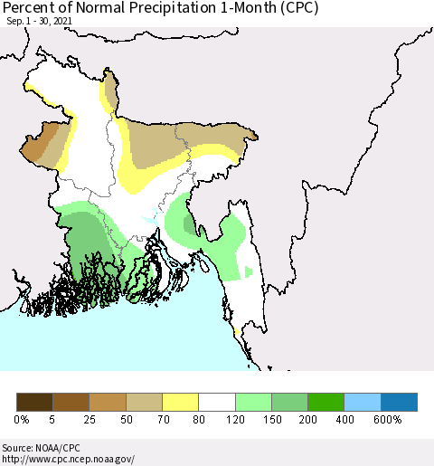 Bangladesh Percent of Normal Precipitation 1-Month (CPC) Thematic Map For 9/1/2021 - 9/30/2021