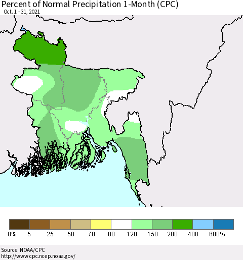 Bangladesh Percent of Normal Precipitation 1-Month (CPC) Thematic Map For 10/1/2021 - 10/31/2021