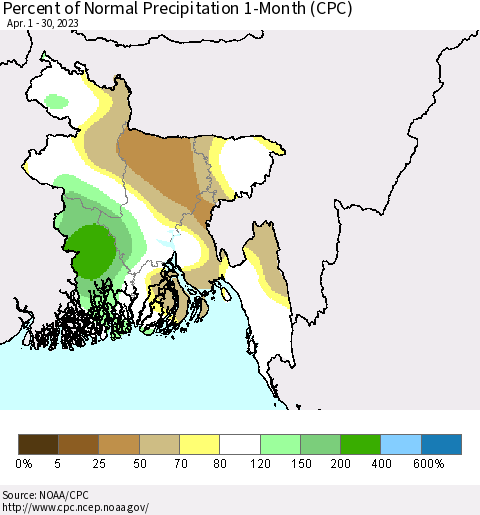 Bangladesh Percent of Normal Precipitation 1-Month (CPC) Thematic Map For 4/1/2023 - 4/30/2023