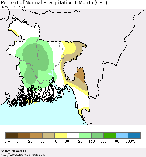 Bangladesh Percent of Normal Precipitation 1-Month (CPC) Thematic Map For 5/1/2023 - 5/31/2023