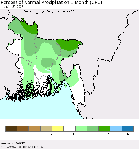 Bangladesh Percent of Normal Precipitation 1-Month (CPC) Thematic Map For 6/1/2023 - 6/30/2023