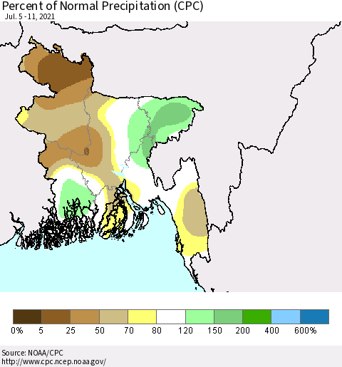 Bangladesh Percent of Normal Precipitation (CPC) Thematic Map For 7/5/2021 - 7/11/2021