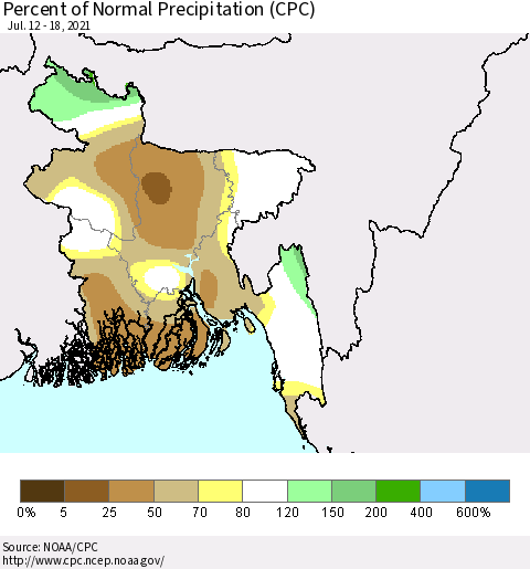 Bangladesh Percent of Normal Precipitation (CPC) Thematic Map For 7/12/2021 - 7/18/2021