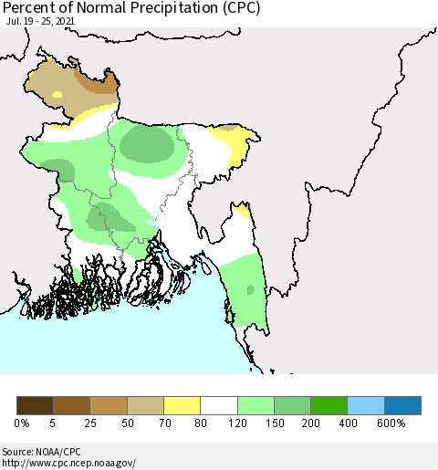 Bangladesh Percent of Normal Precipitation (CPC) Thematic Map For 7/19/2021 - 7/25/2021