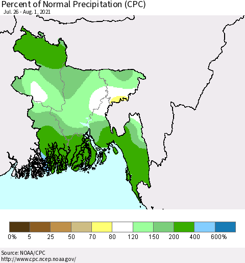 Bangladesh Percent of Normal Precipitation (CPC) Thematic Map For 7/26/2021 - 8/1/2021