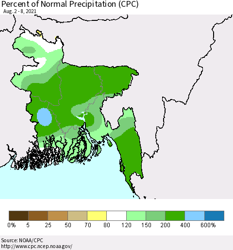Bangladesh Percent of Normal Precipitation (CPC) Thematic Map For 8/2/2021 - 8/8/2021