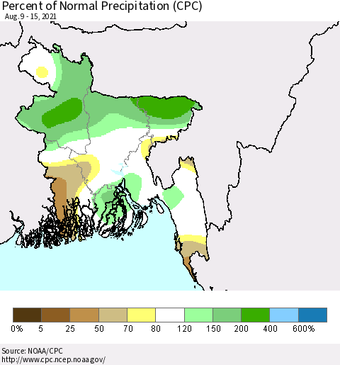 Bangladesh Percent of Normal Precipitation (CPC) Thematic Map For 8/9/2021 - 8/15/2021
