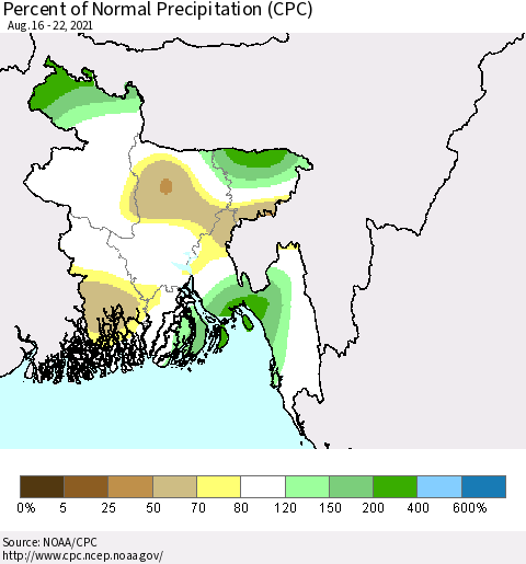 Bangladesh Percent of Normal Precipitation (CPC) Thematic Map For 8/16/2021 - 8/22/2021