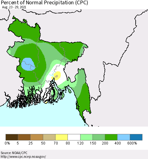 Bangladesh Percent of Normal Precipitation (CPC) Thematic Map For 8/23/2021 - 8/29/2021