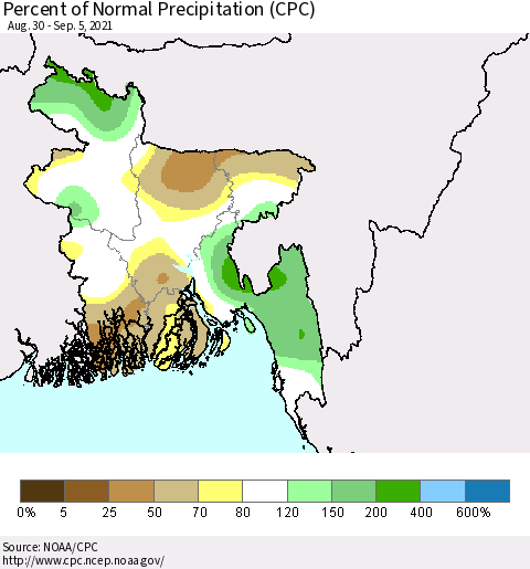 Bangladesh Percent of Normal Precipitation (CPC) Thematic Map For 8/30/2021 - 9/5/2021