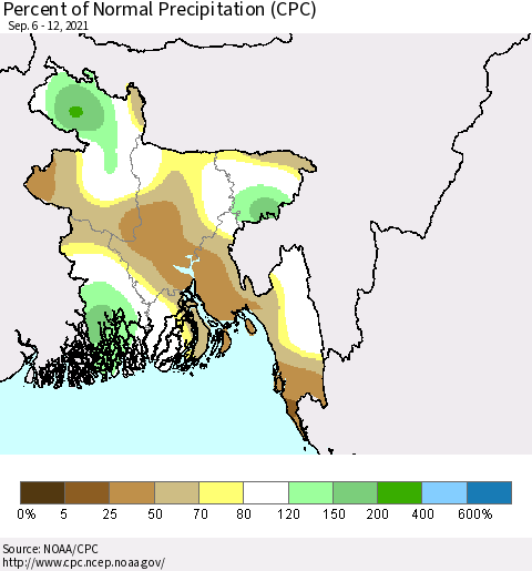 Bangladesh Percent of Normal Precipitation (CPC) Thematic Map For 9/6/2021 - 9/12/2021