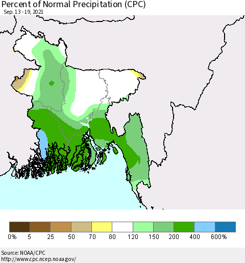 Bangladesh Percent of Normal Precipitation (CPC) Thematic Map For 9/13/2021 - 9/19/2021
