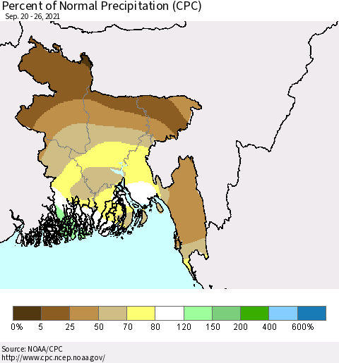 Bangladesh Percent of Normal Precipitation (CPC) Thematic Map For 9/20/2021 - 9/26/2021