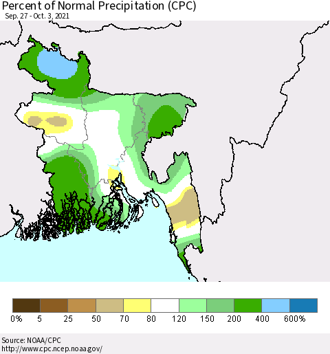 Bangladesh Percent of Normal Precipitation (CPC) Thematic Map For 9/27/2021 - 10/3/2021