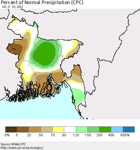 Bangladesh Percent of Normal Precipitation (CPC) Thematic Map For 10/4/2021 - 10/10/2021