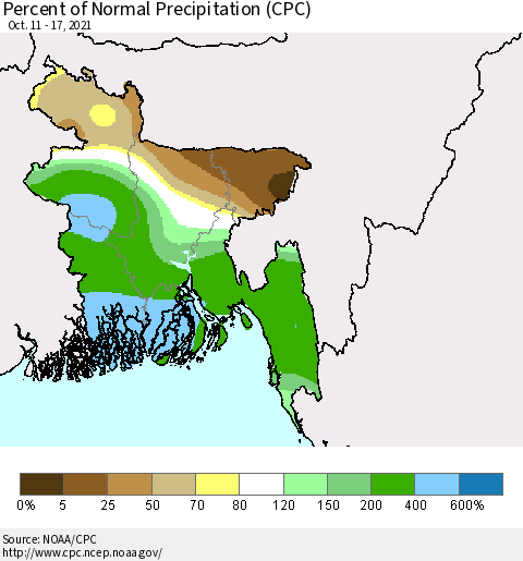 Bangladesh Percent of Normal Precipitation (CPC) Thematic Map For 10/11/2021 - 10/17/2021