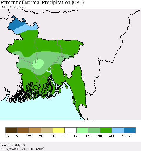 Bangladesh Percent of Normal Precipitation (CPC) Thematic Map For 10/18/2021 - 10/24/2021