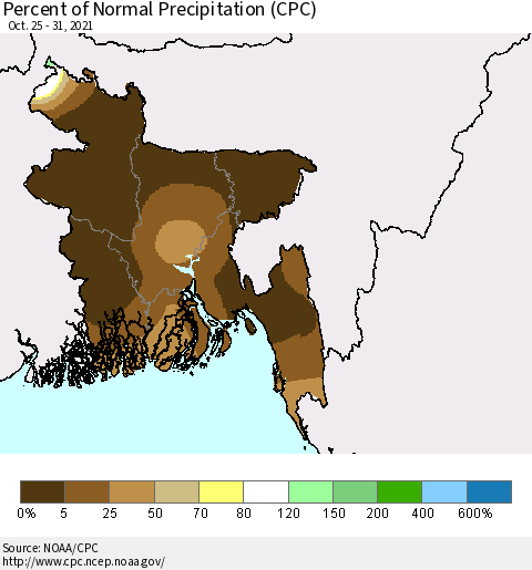 Bangladesh Percent of Normal Precipitation (CPC) Thematic Map For 10/25/2021 - 10/31/2021