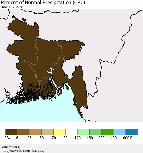 Bangladesh Percent of Normal Precipitation (CPC) Thematic Map For 11/1/2021 - 11/7/2021