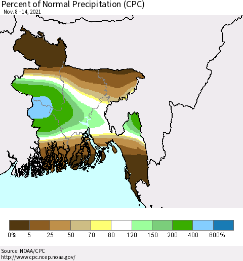 Bangladesh Percent of Normal Precipitation (CPC) Thematic Map For 11/8/2021 - 11/14/2021