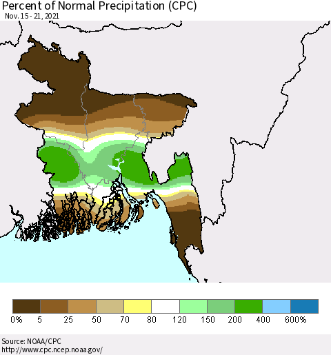 Bangladesh Percent of Normal Precipitation (CPC) Thematic Map For 11/15/2021 - 11/21/2021