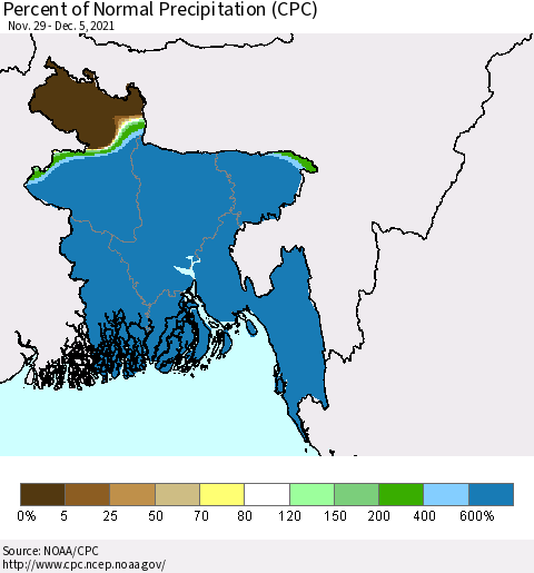 Bangladesh Percent of Normal Precipitation (CPC) Thematic Map For 11/29/2021 - 12/5/2021