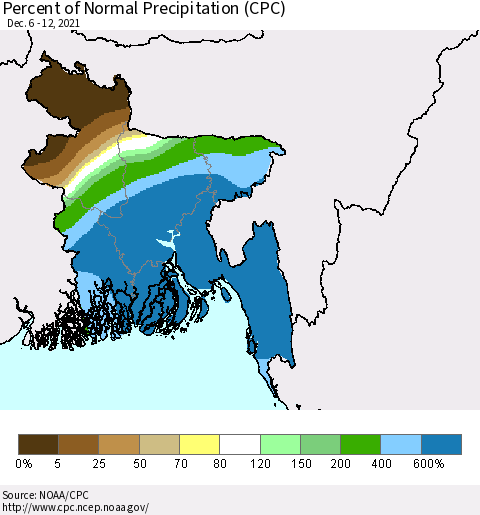 Bangladesh Percent of Normal Precipitation (CPC) Thematic Map For 12/6/2021 - 12/12/2021