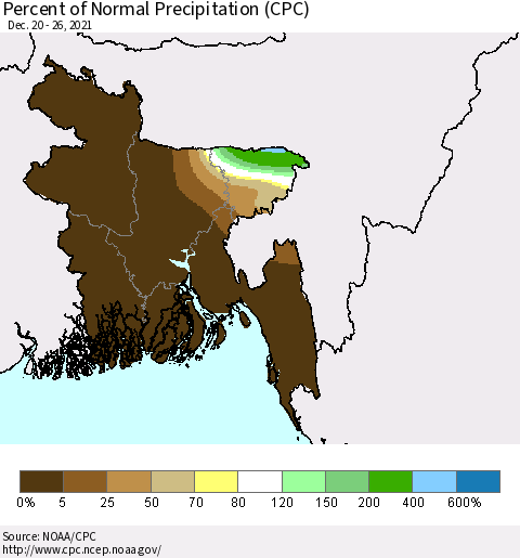 Bangladesh Percent of Normal Precipitation (CPC) Thematic Map For 12/20/2021 - 12/26/2021
