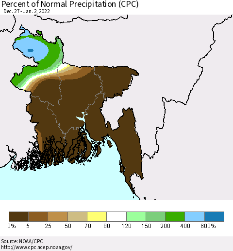 Bangladesh Percent of Normal Precipitation (CPC) Thematic Map For 12/27/2021 - 1/2/2022
