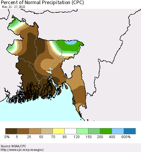 Bangladesh Percent of Normal Precipitation (CPC) Thematic Map For 3/21/2022 - 3/27/2022