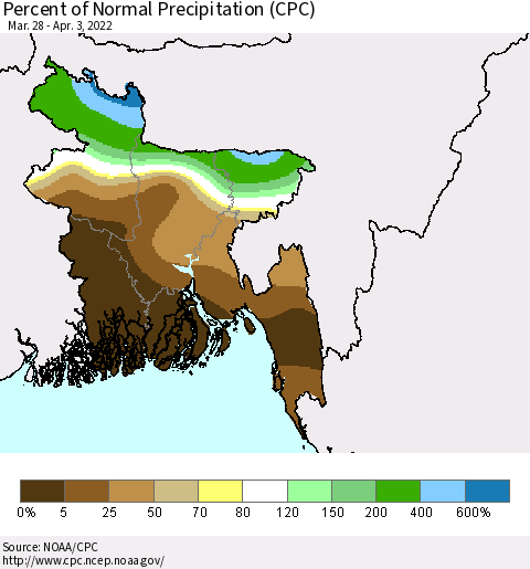 Bangladesh Percent of Normal Precipitation (CPC) Thematic Map For 3/28/2022 - 4/3/2022