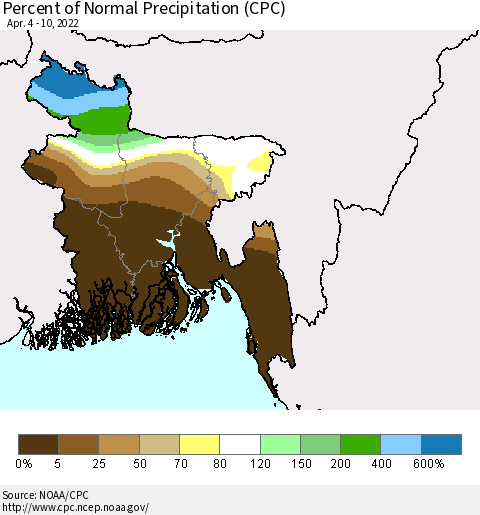 Bangladesh Percent of Normal Precipitation (CPC) Thematic Map For 4/4/2022 - 4/10/2022