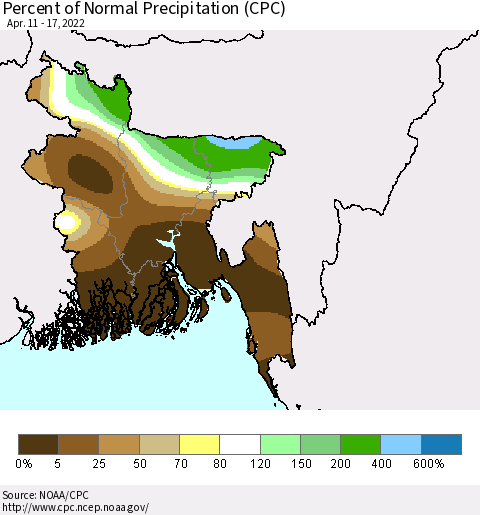 Bangladesh Percent of Normal Precipitation (CPC) Thematic Map For 4/11/2022 - 4/17/2022