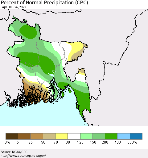 Bangladesh Percent of Normal Precipitation (CPC) Thematic Map For 4/18/2022 - 4/24/2022