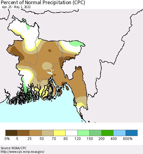Bangladesh Percent of Normal Precipitation (CPC) Thematic Map For 4/25/2022 - 5/1/2022