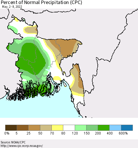 Bangladesh Percent of Normal Precipitation (CPC) Thematic Map For 5/2/2022 - 5/8/2022
