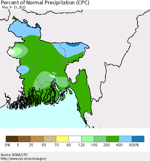 Bangladesh Percent of Normal Precipitation (CPC) Thematic Map For 5/9/2022 - 5/15/2022