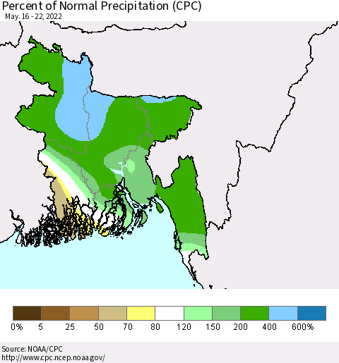 Bangladesh Percent of Normal Precipitation (CPC) Thematic Map For 5/16/2022 - 5/22/2022