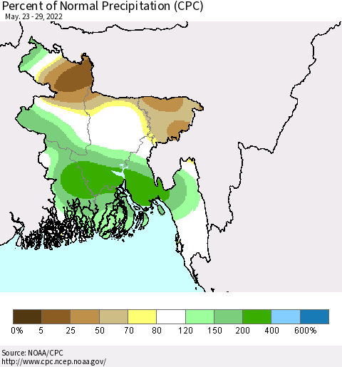 Bangladesh Percent of Normal Precipitation (CPC) Thematic Map For 5/23/2022 - 5/29/2022