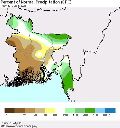 Bangladesh Percent of Normal Precipitation (CPC) Thematic Map For 5/30/2022 - 6/5/2022