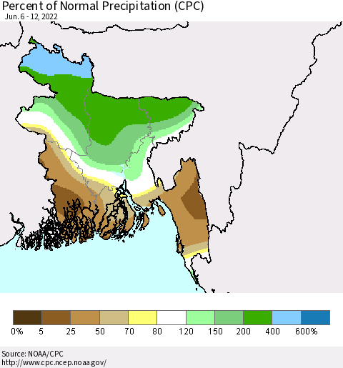 Bangladesh Percent of Normal Precipitation (CPC) Thematic Map For 6/6/2022 - 6/12/2022